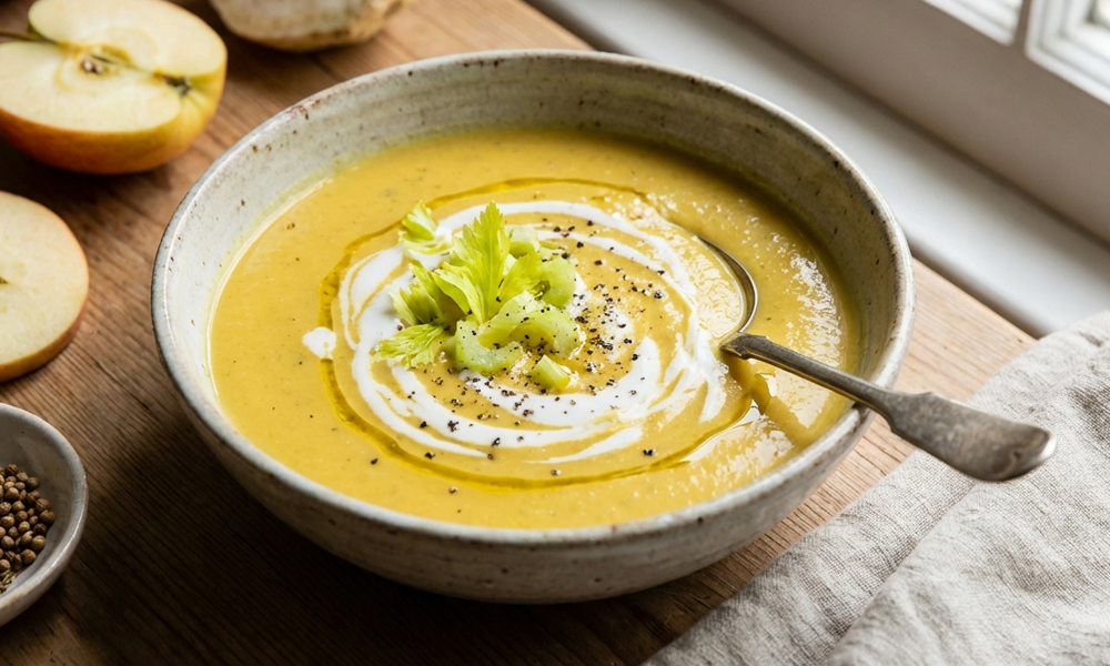 Apfel-Sellerie-Suppe mit Ingwer, Kurkuma & Kokosmilch