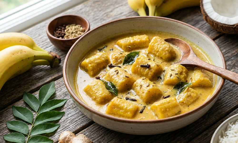 Bananencurry mit Kokosmilch, Curryblättern & Muskatblüte