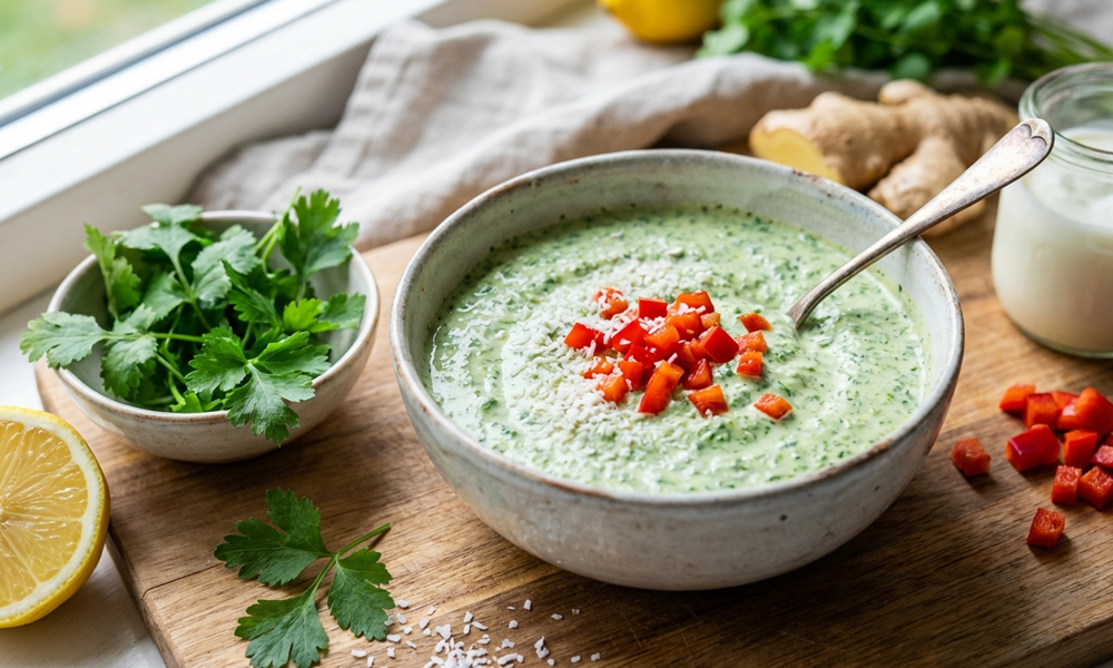 Frische Koriandercreme mit Joghurt & Paprika