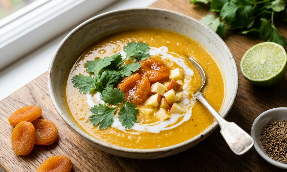 Fruchtige Kartoffelsuppe mit Aprikose, Apfel & Kokos