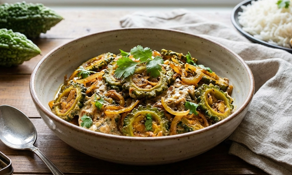 Gebratene Bittergurke mit Gewürzjoghurt