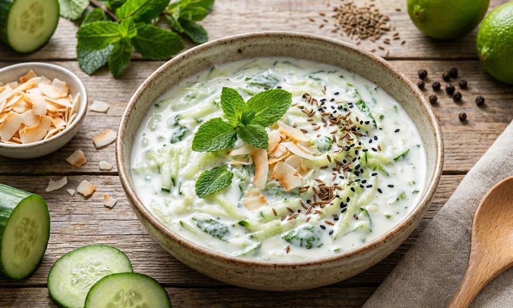 Gurken-Kokos-Raita mit Minze & schwarzem Pfeffer