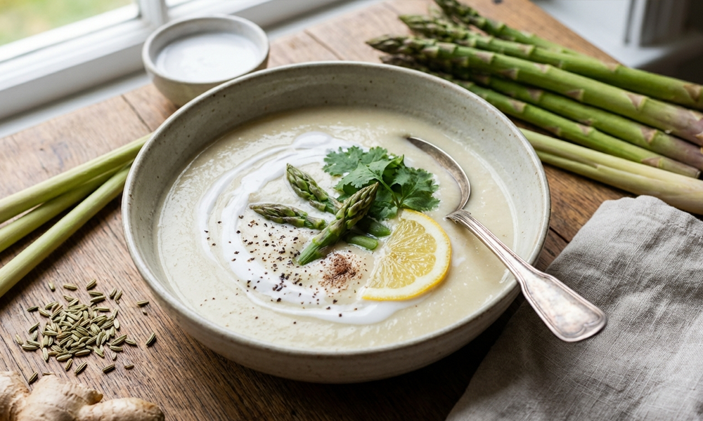 Spargel-Kokos-Suppe mit Zitronengras und Ingwer