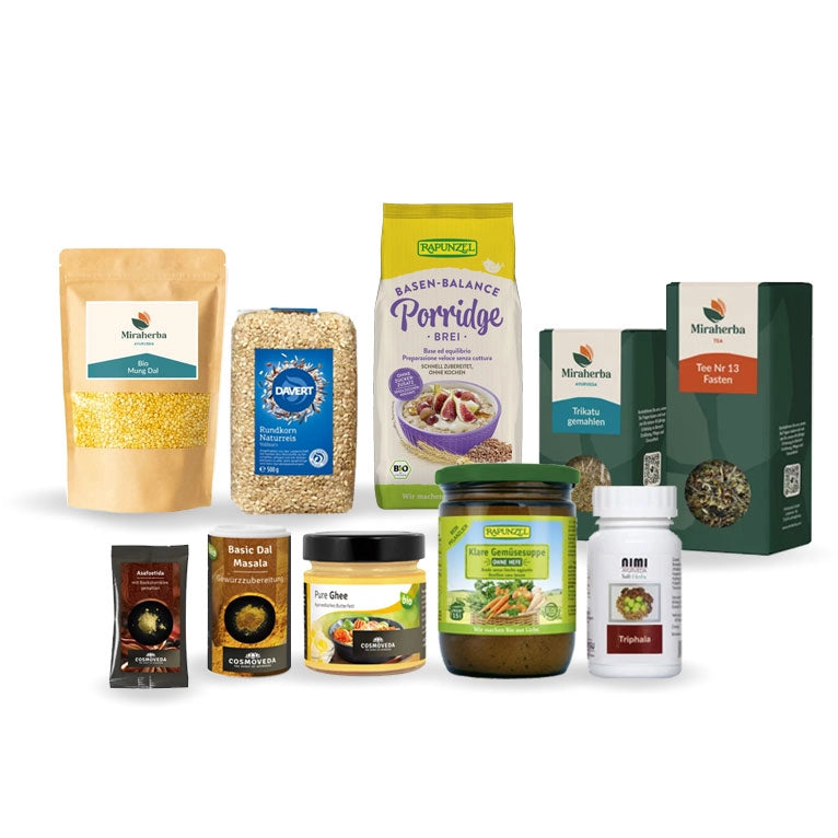 Inhalt des Ayurveda Fastenpakets Virecana Karma mit Bio-Zutaten und Fastenbuch